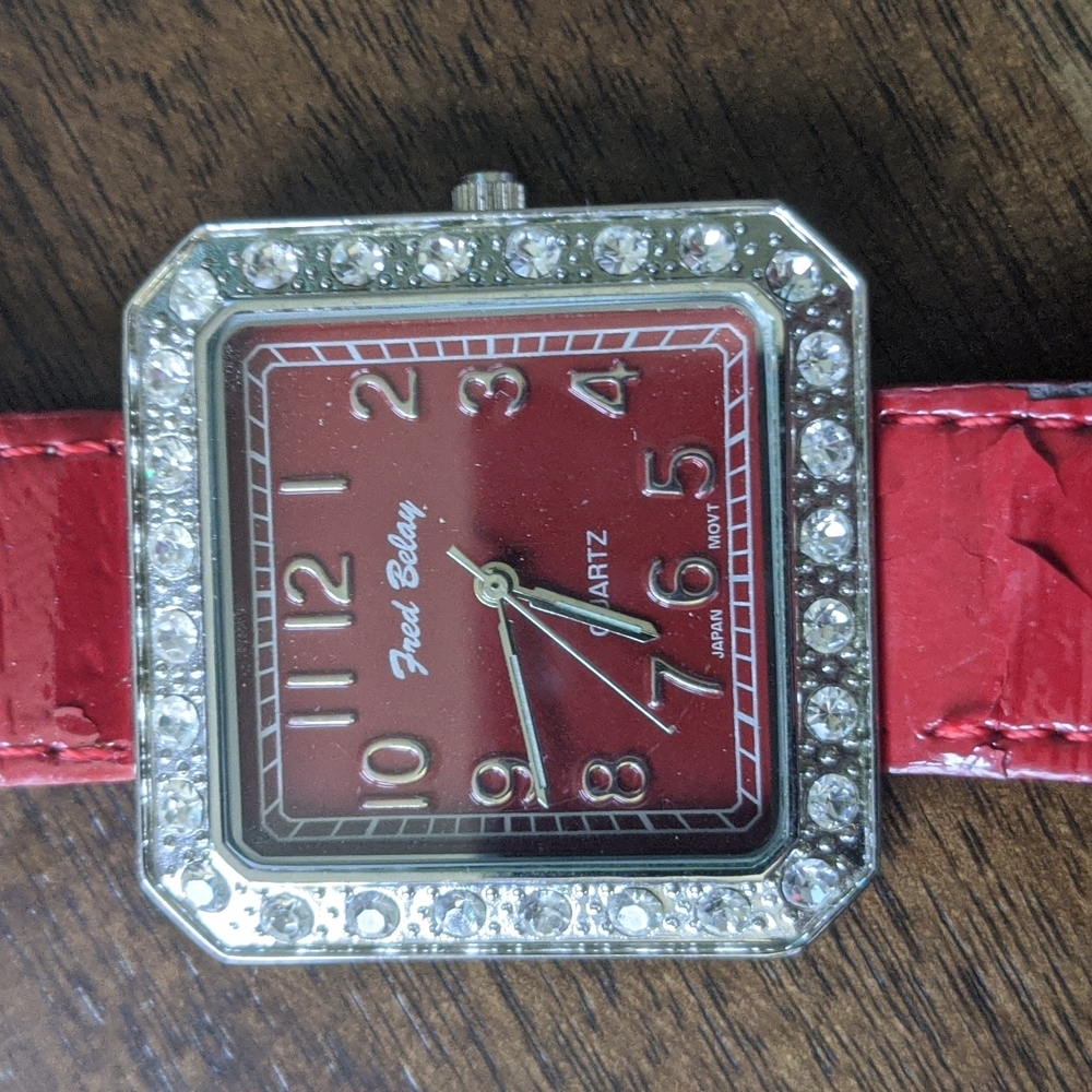 Fred belay quartz silver watch with red leather band